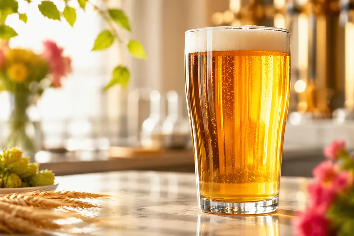 Glass of pale lager with a firm white head on a brewery counter, with hops and barley